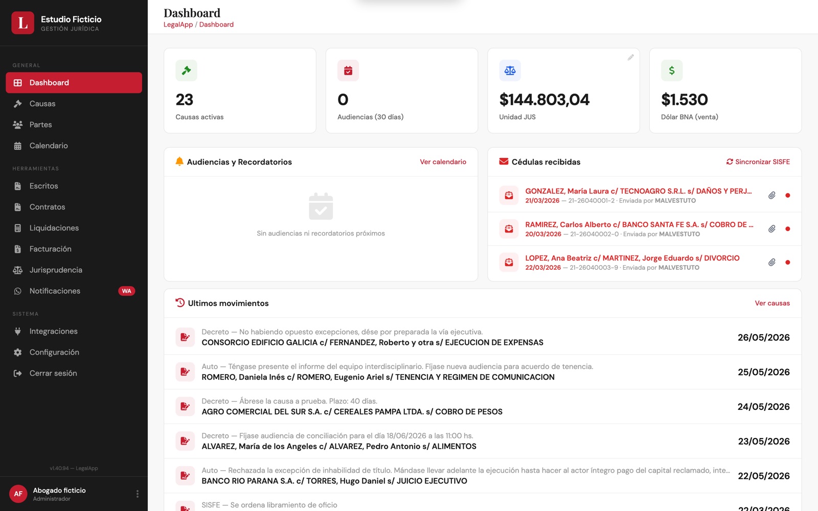 Dashboard de LegalApp con causas activas, cédulas recibidas y últimos movimientos