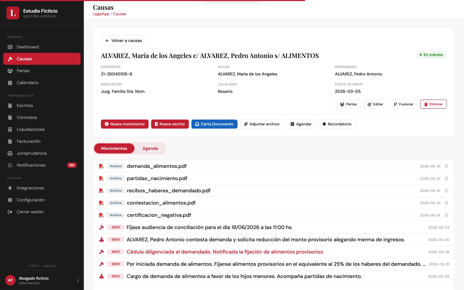 Detalle de un expediente con movimientos del SISFE y archivos