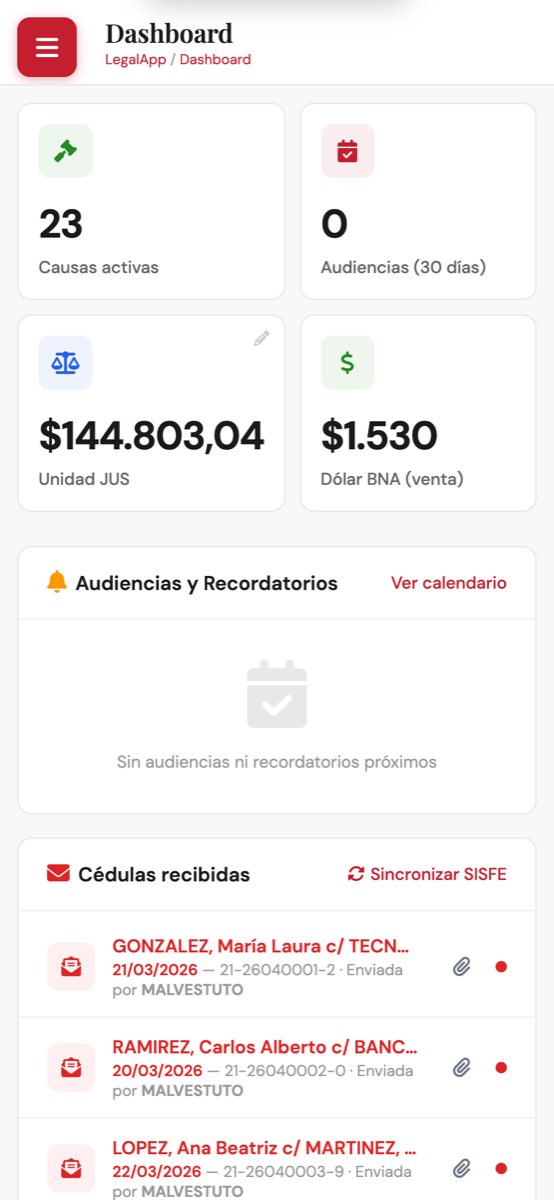 LegalApp en un iPhone: dashboard con causas activas y cédulas recibidas